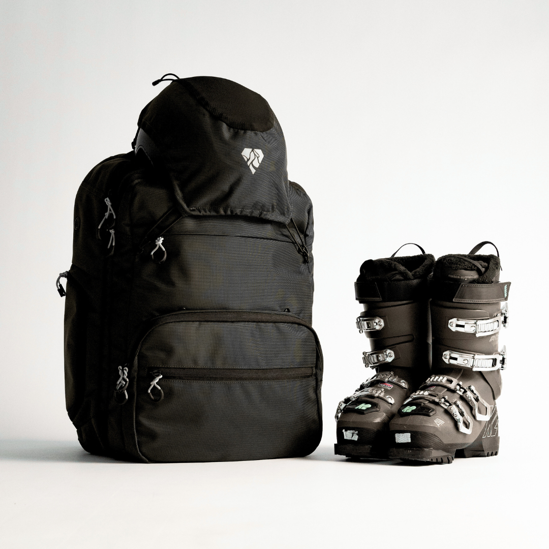 Weekend Warrior boot bag beside a pair of ski boots